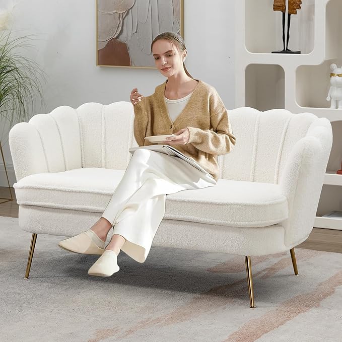 59 Small Loveseat Sofa 2-Seater Modern Chenille Couch with Gold Metal Legs &amp Floral Backrest Compact Apartment Sofa for Living Room Bedroom Office Dorm (Boucle Ivory)