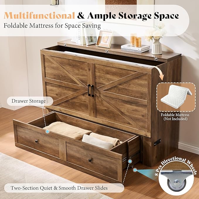 AMERLIFE Queen Murphy Bed Cabinet with Charging Station and Storage Farmhouse Foldable Platform Bed for Guest Room Office Small Spaces Barnwood