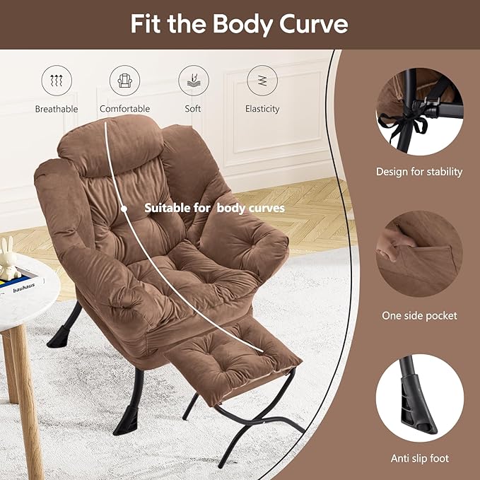Lazy Chair with Folding Ottoman Modern Large Accent ChairContemporary Lounge Leisure Sofa Chair with Armrests Upholstered Sofa Armchair Reading Chair for BedroomDorm &amp Office(Dark Brown-f)