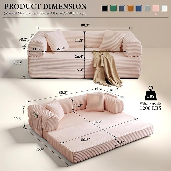 Boneless Couch Folding Couches for Living Room Sofa Futon Sofa Bed with Sleeper Sofa Futon Couch with Fixed-Shape Oversized Corduroy Upholstered (Pink 81 Inches)