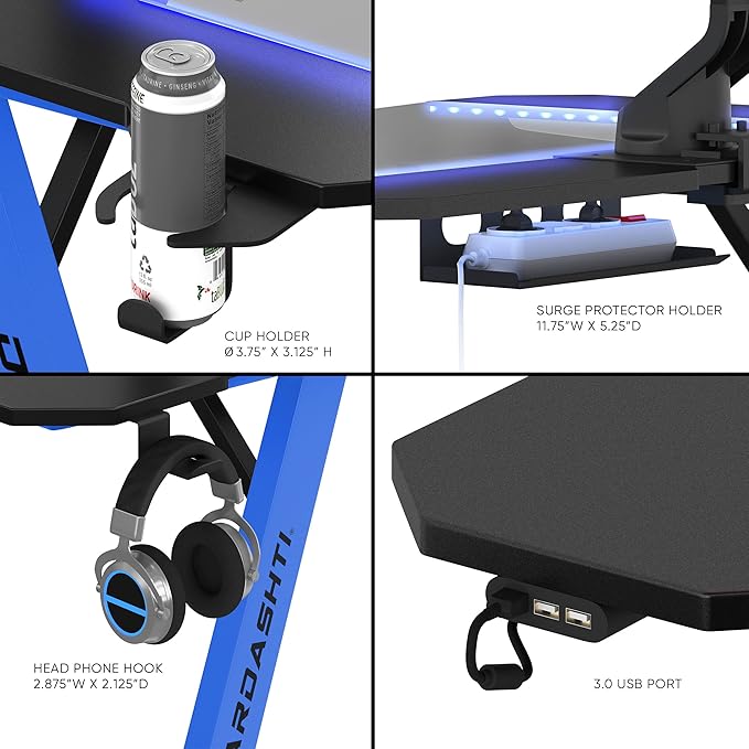 Dardashti Gaming Desk PC Computer Desk Home Office Desk Gaming Table Z Shaped Gamer Workstation with Cup Holder and Headphone Hook Z1-21 Cobalt Blue