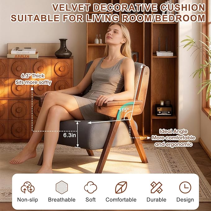 Mid Century Modern Accent Chair Fabric Upholstered Lounge Arm Chair with Solid Wood Frame for Living Room Bedroom Office Reading Corner (Gray Single Chair)