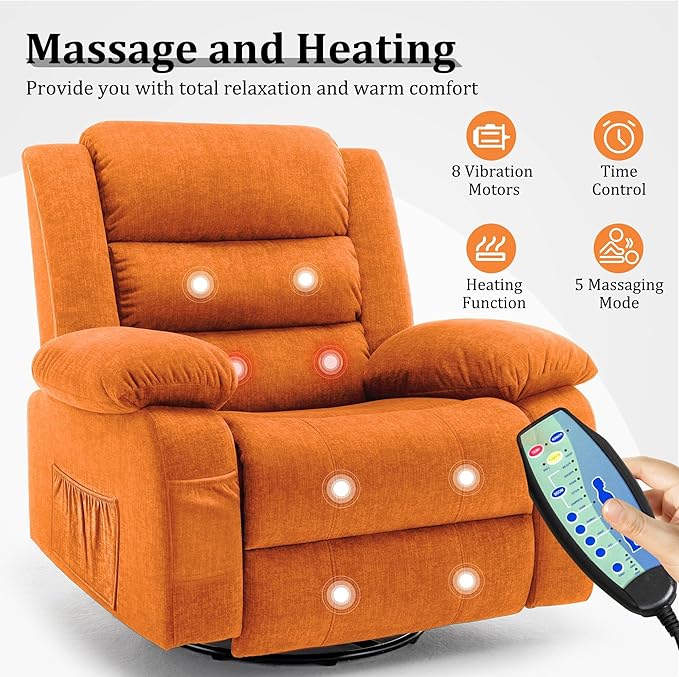 Recliner Chair Wide Rocker Chair Rocking Chair with Massage and Heat360°Swivel Nursery Rocking Chairs Oversized Recliner for Adults Cashmere Reclining Sofa for Living Room Orange