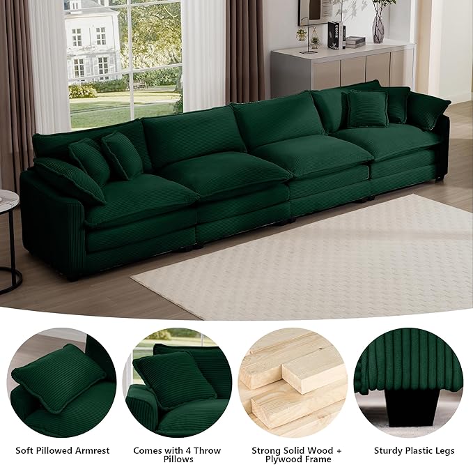 Aoowow Corduroy 4 Seater Sofa CouchModern Large Cloud Couches for Living RoomTufted Modular Sectional Cloud Sofas with Deep SeatOversized 4 Seat Sofa Set (Green 4 Seater)