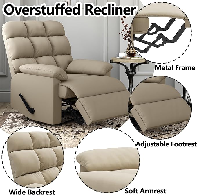 Relaxing Lazy Boy Recliner Chair for AdultsSmall Recliners for Small SpacesManual Recliner Chair for BedroomRelaxing Reclining Chair with Backrest &amp Footrest for Living RoomOverstuffed (Khaki)