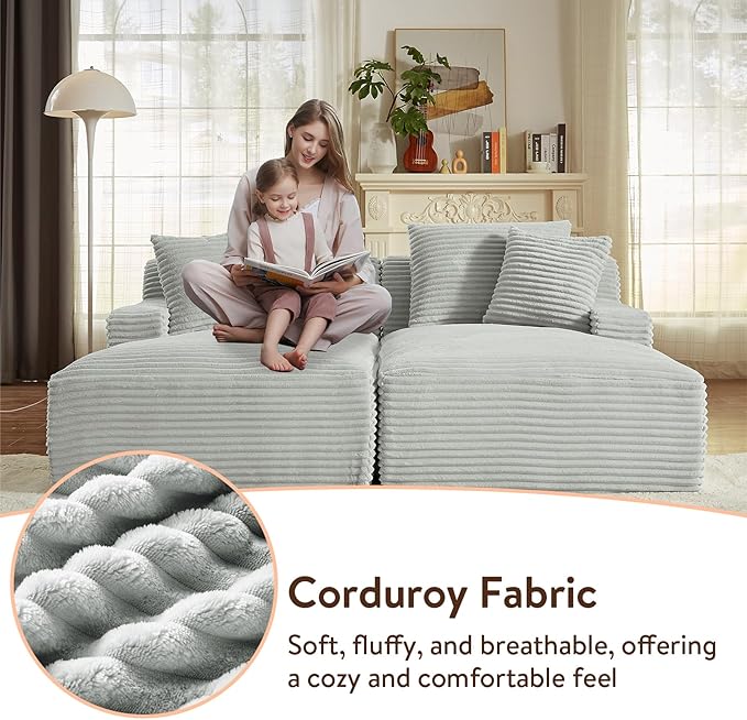 Oversized Double Chaise Lounge Chair Indoor Fluffy Upholstered Corduroy Sofa Bed with Throw Pillows Comfy Sleeper Deep Seat Sectional Loveseat Sofa Couch for Living Room (Light Gray)
