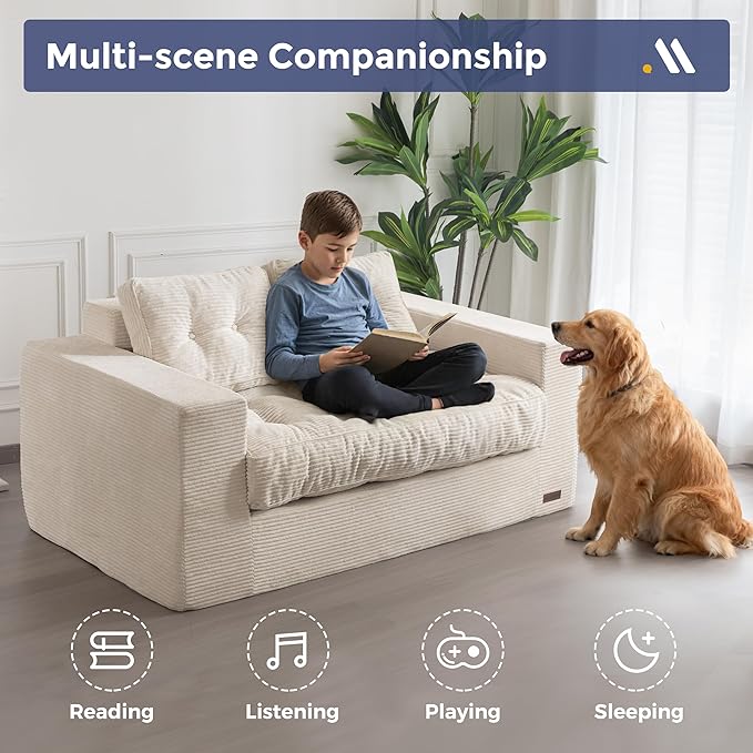 MAXYOYO Bean Bag Chair for Adults Upholstered Floor Sofa with Armrests Loveseat Boneless Couch with Tufted Cushion &amp Backrest Sofa in A Box Large Bean Bag Couch for Bedroom Living Room Beige