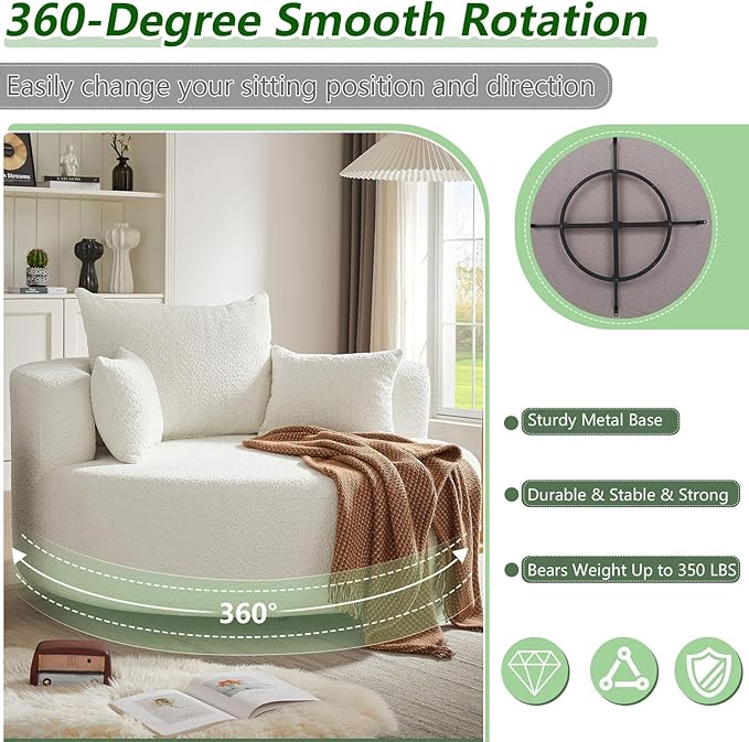 55.1 W Oversized Swivel Accent Chair Large 360° Rotating Barrel Chair with 6 Pillows Comfy Chenille Round Swivel Armchair for Living Room Bedroom Beige