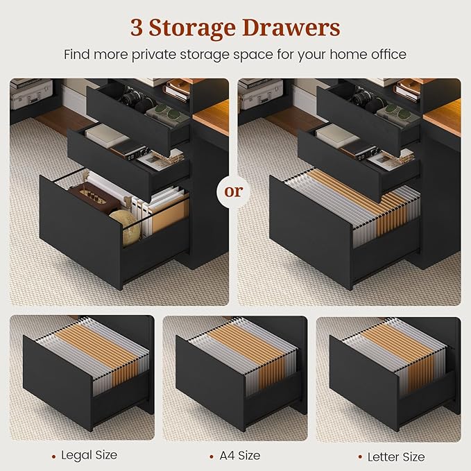 96.6 Long Computer Desk 2 Person Desk with LED Lights &amp Power Outlet Modern Two Person Gaming Desk with File Drawers Monitor Stand Printer Shelf ＆ Storage Double Table for Home Office Black