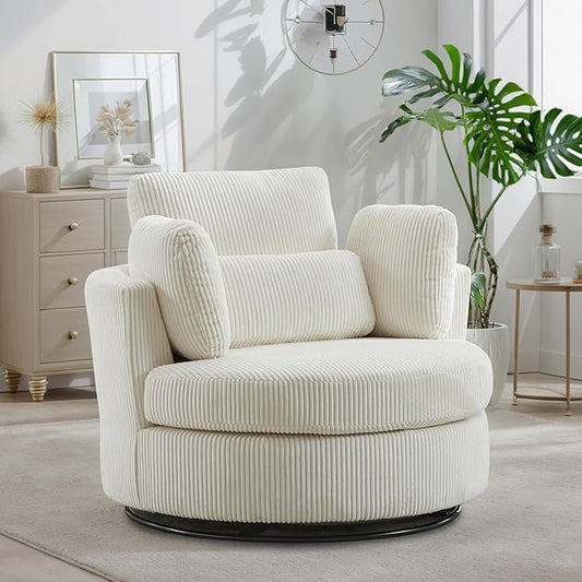 Chifee &amp Vingol 42 Oversized Swivel Accent Chair Round Barrel ChairCorduroyIvory