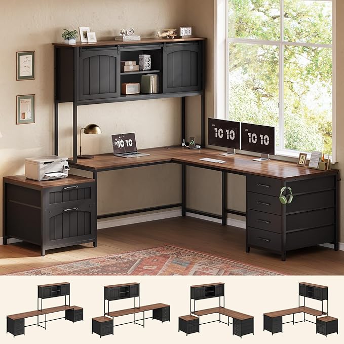 SEDETA Farmhouse L Shaped Office Desk with 6 Drawer Reversible Computer Desk with Power Outlet Hutch for Home Office/Two Person Corner Desk with File Drawer &amp Printer Storage Shelves Black