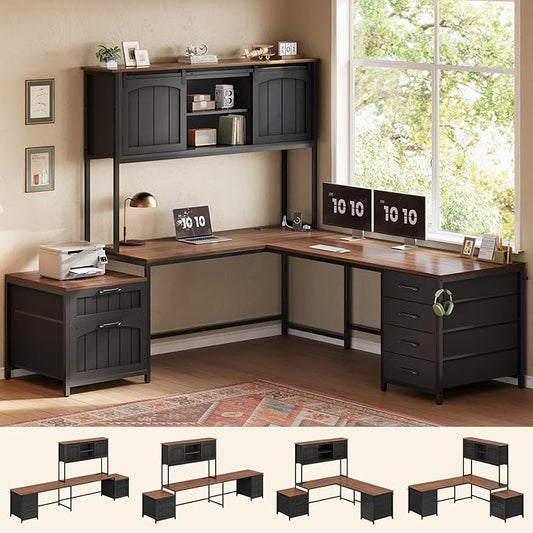 SEDETA Farmhouse L Shaped Office Desk with 6 Drawer Reversible Computer Desk with Power Outlet Hutch for Home Office/Two Person Corner Desk with File Drawer &amp Printer Storage Shelves Black