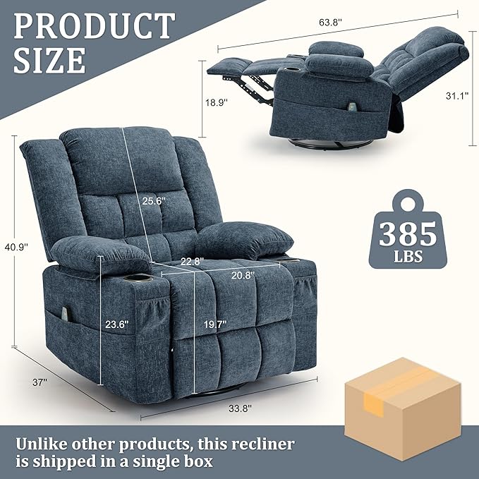 Adult 360° Swivel Recliner Chair with Massage and Heating Functions Suitable for Nurseries Features a Cup Holder and Manual Seat Adjustment Ideal for Living Rooms and Bedrooms (Fabric Blue)