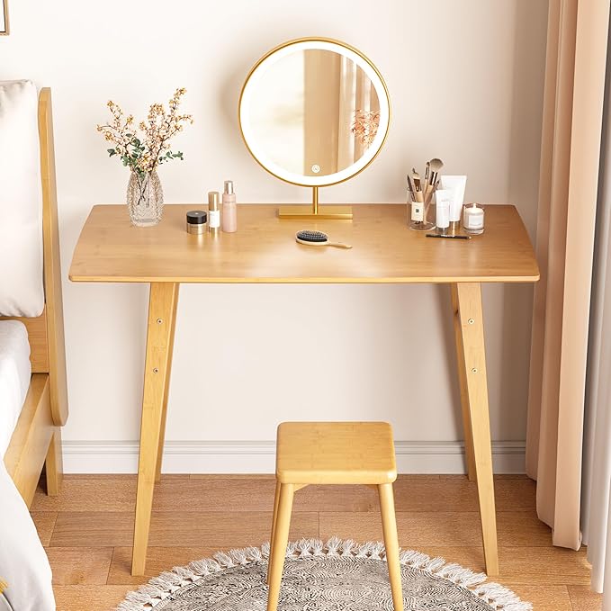 100% Solid Wood Writing Desk - 39 x 20 Inch Bamboo Home Office Computer Desks Simple Desk for Small Spaces Modern Study Table - Natural Boho Desks
