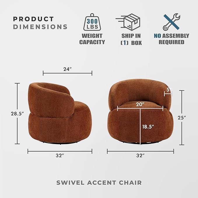 Lexicon Modern Barrel Swivel Accent Chair - Upholstered Soft Chenille Fabric with Metal Base 360 Degree Round Swivel Accent Chair for Living Room Bedroom Office No Assembly Required Rusty Orange