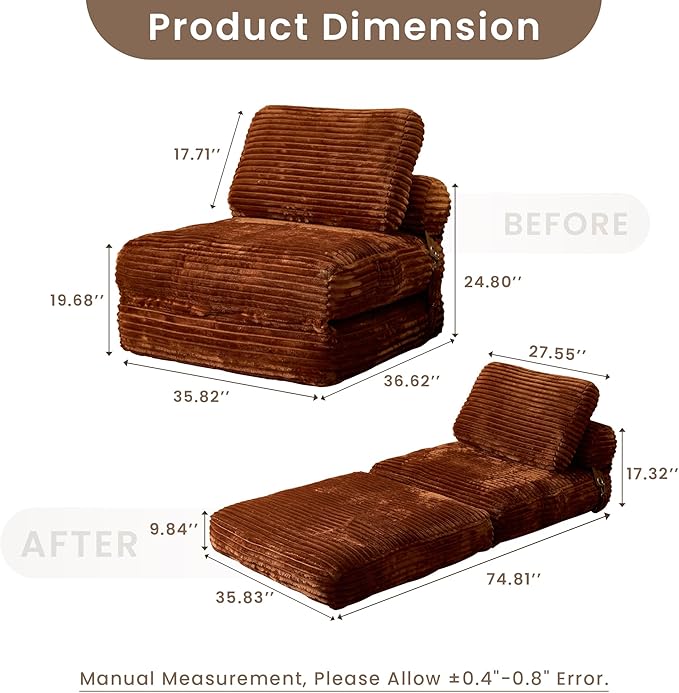 ovios Folding Sofa Bed Foldable Sleeper Chair Floor Futon Comfy Portable Convertible Fold Out Lounge Chairs for Living Room Bedroom Brown
