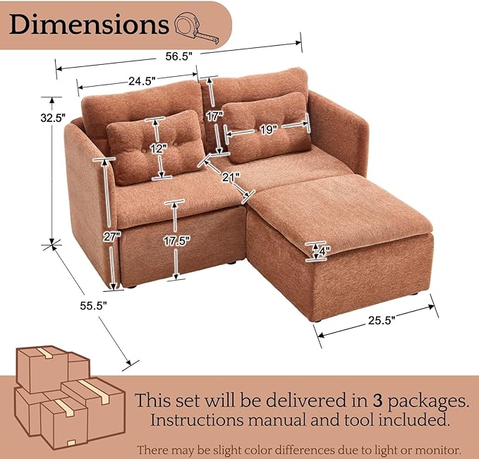 LukeAlon Chenille 56.5 Loveseat Sofa with Waist Pillow Modular Sectional Sofa Couch with Ottoman Comfy 2 Seater Lounge Sleeper Couch Sofa for Apartment Living Room Office Light Brown