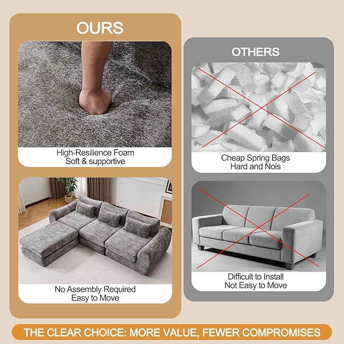 105” Modular Sectional Sofa Convertible Sofa BedTransforms into Single or Double Sofa Chenille Fabric Cloud SofaModern Soft Boneless Comfort No Assembly Required Grey