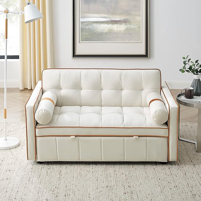 55.5 Pull Out Sleep Sofa Bed with Adjsutable Backrest Convertible Velvet Sofa Couch with Side Pockets and Lumbar Pillows 2 Seater Loveseats for Apartment Office Living Room (Beige-Side Pockets 05)
