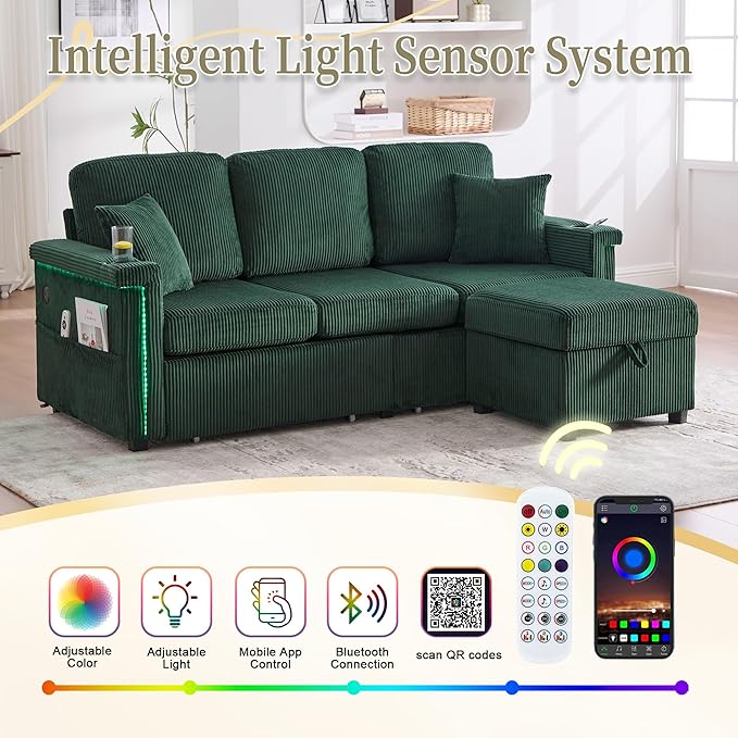76'' Sectional Sofa Couches for Living Room 3 Seat L-Shaped Couch with Storage &amp Ottoman Corduroy Convertible Sofas with Chaise Apartment with USB Charging Cup Holder (Emerald)