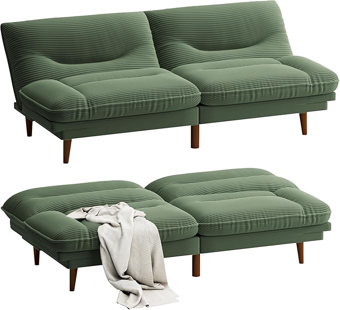 Homall Futon Sofa Bed Modern Loveseat Futon Couch with Adjustable Backrest and Armrests Sleeper Sofa Bed with Wood Frame for Living Room Office Apartment (Corduroy Green)