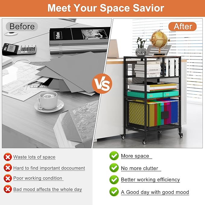 EasyPAG Rolling Cart with Storage Drawer Under Desk Filling Cabinet with Mail Sorter Pull Out Hanging File Rack for Letter Size Folders Mobile Utility Craft Cart for Home Office Black