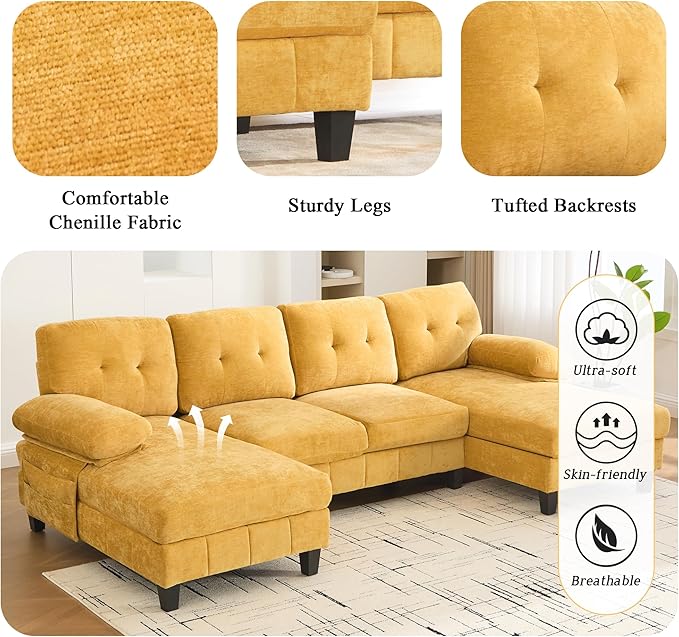 P PURLOVE Chenille Modern Large Sectional Sofa U-Shaped Sectional Sofa Couch with Dual Chaise Lounges Storage Pockets and Armrest Pillows for Living Room (Yellow)