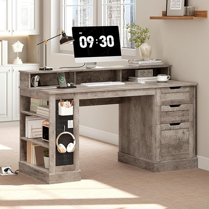 55-Inch Farmhouse Executive Desk with 2 Drawers and File Cabinet Computer Desk with 3-Tier Storage Shelves Home Office Desk with Charging Station Pegboard and Monitor Shelf Gray
