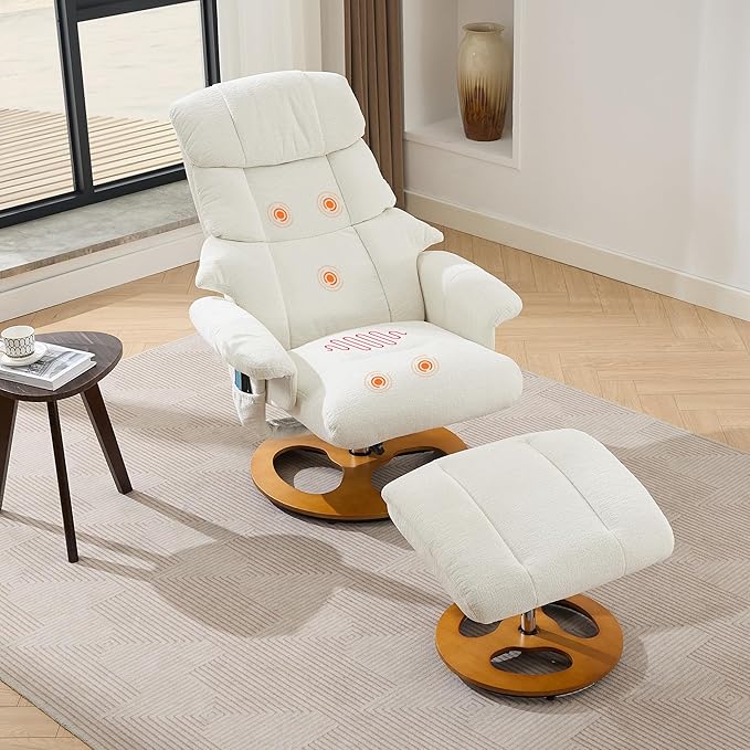 FOXHUNTER Chenille Recliner Chair with Ottoman Modern Massage Swivel Lounge 360° Swivel Rocker Recliner Comfy Modern Accent Arm Chairs for Living Room Bedroom (Chenille Ivory)