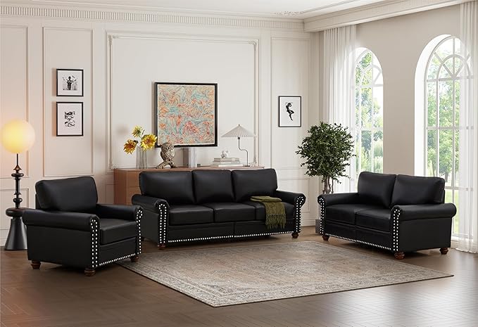 Harper &amp Bright Designs 3-Piece Sofa Sets with Storage Space &amp Wood Legs Sectional Living Room Sets Faux Leather Couches Sets with 3-Seat Sofa Loveseat and Sofa Chair for Living Room (Black)