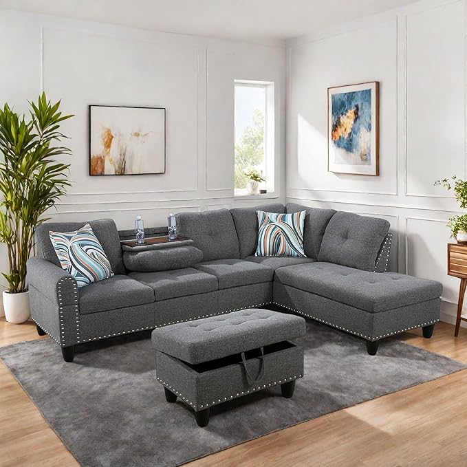 L Shaped Sectional Couch with Reversible Cup Holder and Chaise 4 Seater Lounge Sofa Modern Nailhead Design with Storage Ottoman Grey