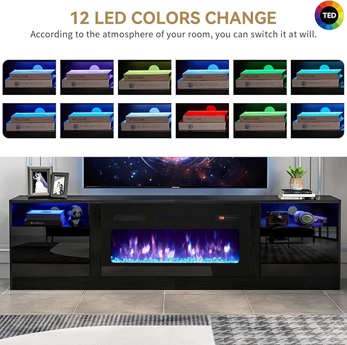 oneinmil 80” TV Stand with 36” Electric Fireplace Large Modern Media Entertainment Center with Storage Cabinet and 12 Colors LED Lights for TVs Up to 90 Black+Black