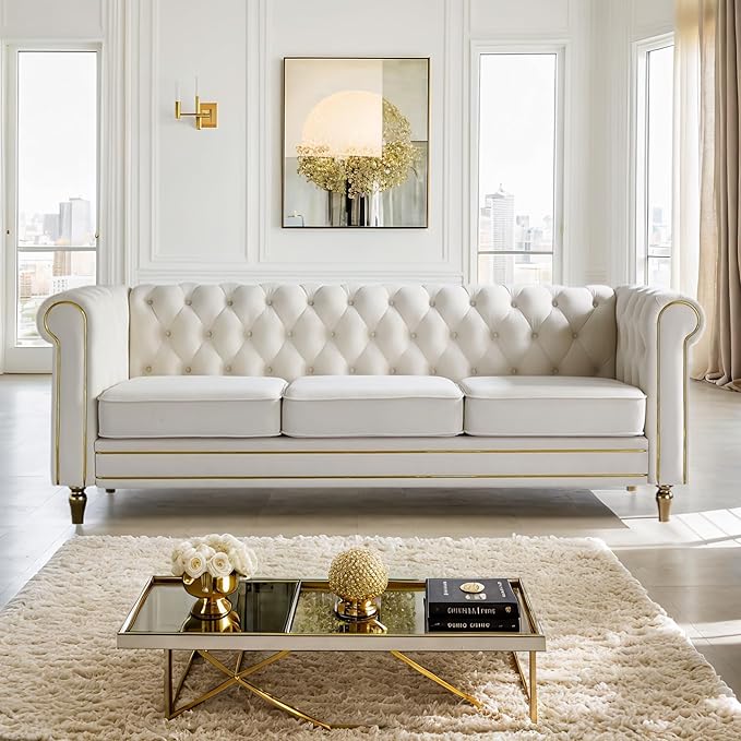84 Velvet Sofa with Gold Legs Luxury Tufted Couch for Living Room Chesterfield Sofa with Thick Cushion Wide Armrest High-Density Foam Gold Strip Trim (Beige)