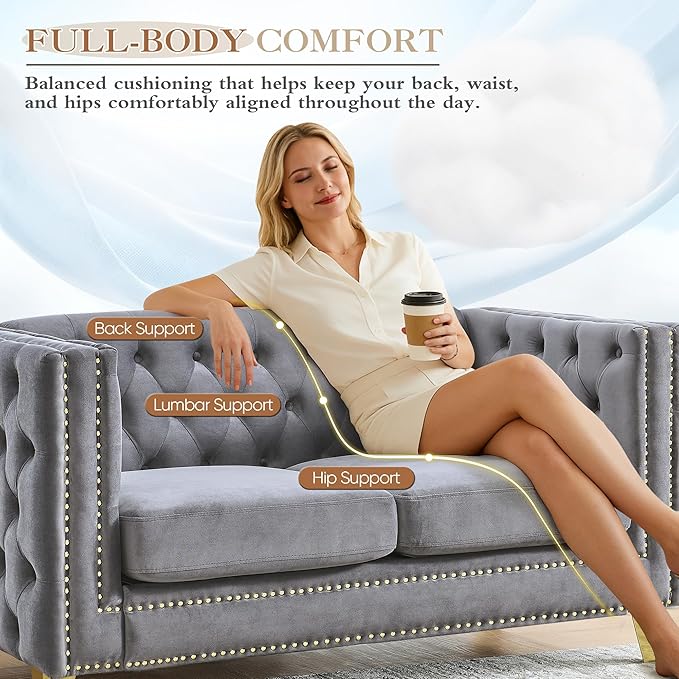 58 Chesterfield Sofa Comfy Velvet Button Tufted Mid Century Modern Couch Cloud Futon Small Loveseat Grey with Gold Legs and Nailhead Deep Seat Sofas for Living Room Office (Dark Grey 2 Seater)
