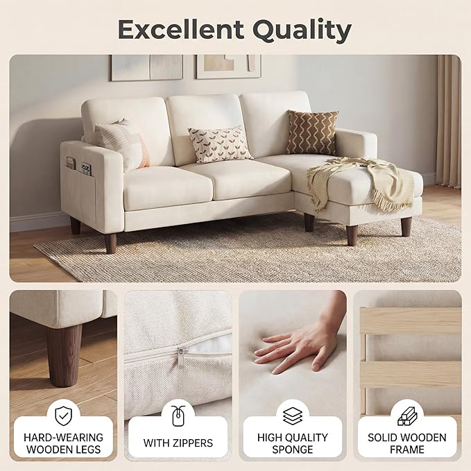 Homall 3 Seat Couch L Shape Sofa with Side Storage Pockage Sectional Couches with Reversible Ottoma Upholstered Sofa for Living Room and Small Spaces (Linen Fabric Cream)