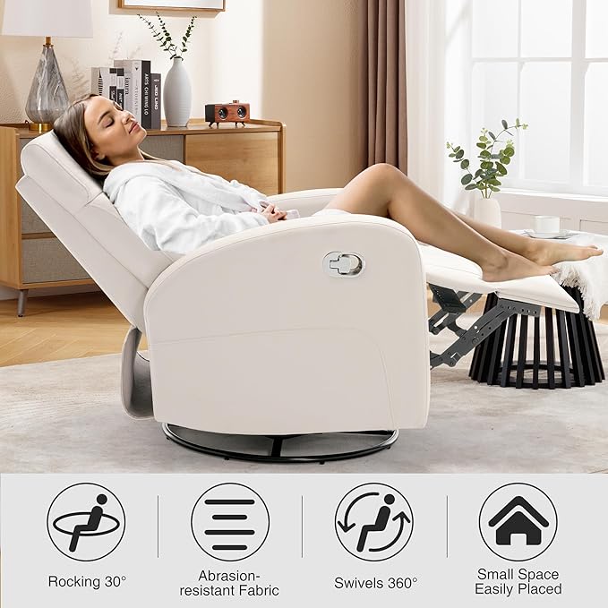 Swivel Rocker Recliner Chair Manual Faux Leather Recliner Glider Rocking Recliners 360°Swivel Nursery Reclining Chairs with Adjustable Headrest Highback for Living Room Cream
