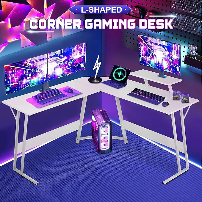 NChanmar L Shaped Gaming Desk with Monitor Riser Stand Home Office Corner Desk for Studying Working and Gaming Large Desktop White