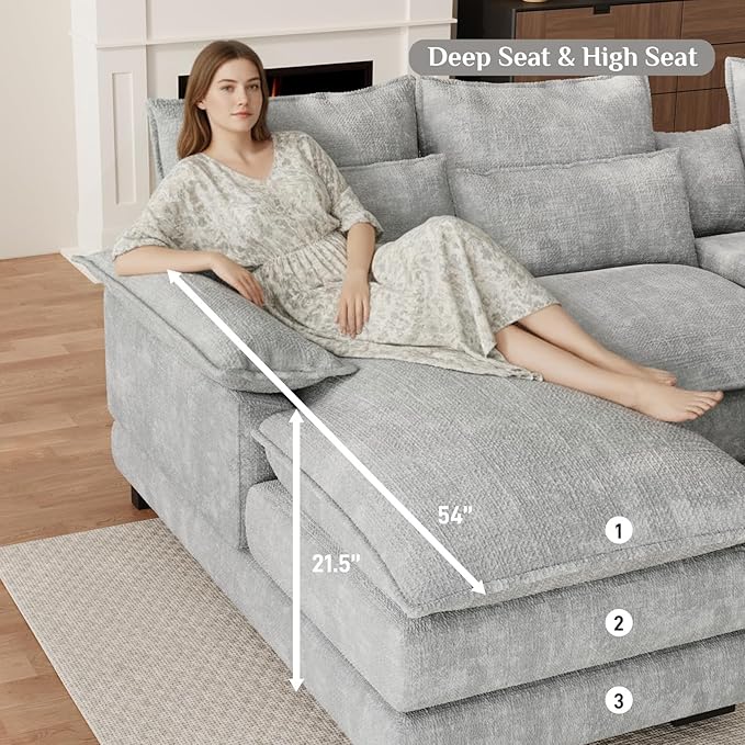 OUYESSIR 135 U Shaped Sectional Cloud CouchGrey Sectional Couches for Living RoomComfy Fluffy Chenille Oversized Cloud CouchModular Sectional Sofa with Central Console &amp Double Chaise Lounge