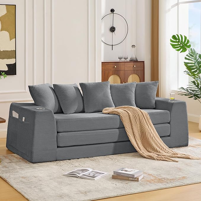 82'' Convertible Sofa Bed 2-in-1 Boneless Sleeper Sofa with Cup Holder &amp Pocket Corduroy Loveseat Sleeper Couch with 5 Pillows Pull Out Couch for Living Room Bedroom (Dark Grey)