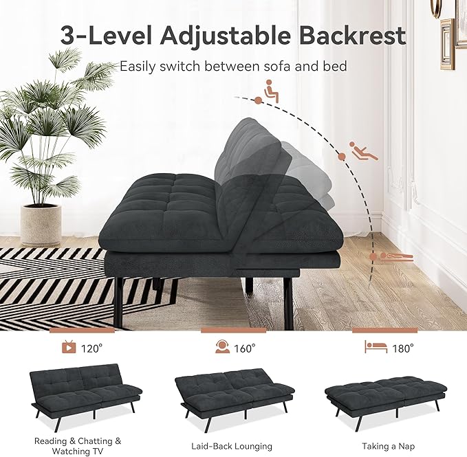 Convertible Futon Sofa Bed Memory Foam Futon Couch with Adjustable Backrest Folding Small Loveseat Sleeper Recliner for Living Room Apartments Bedroom or Office (Black)