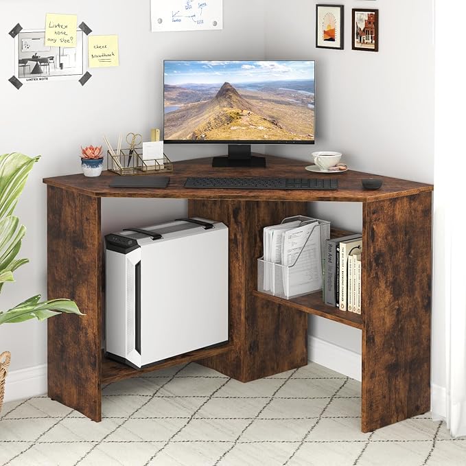 Giantex Corner Desk Space-Saving Triangle Computer Desk with Storage Shelves &amp CPU Stand Modern Makeup Vanity Table for Bedroom Writing Desk for Small Spaces (Rustic Brown)