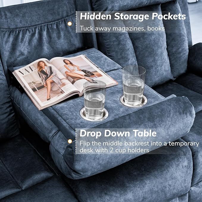 Power Recliner Sofa with Drop Down Table Heat &amp Massage Reclining Sofa Couch with Cup Holders USB &amp Type-C Ports Recliner Couch for Living Room RV Office Apartment