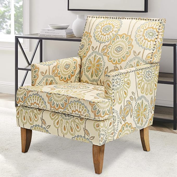 Modern Floral Wingback Accent Chair - Upholstered Fabric Club Chair for Living Room Bedroom &amp Reception Room Mid-Century Comfort Sofa Chair with Elegant Home Decor (Floral 1)