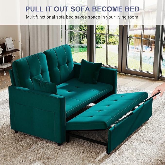 Loveseat Sleeper Sofa Bed Couch: Queen Sleeper Chair Pull Out Bed for Living Room Green Velvet Couch Beds for Small Spaces 3 in 1 Convertible Sofa with Armrests