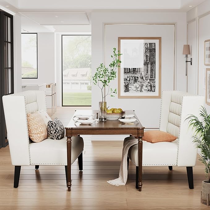 Andeworld Modern Loveseat Settee Bench Sofa Couch Upholstered Banquette Dining Bench with Back for Dining Living Room Hallway or Entryway SeatingWhite