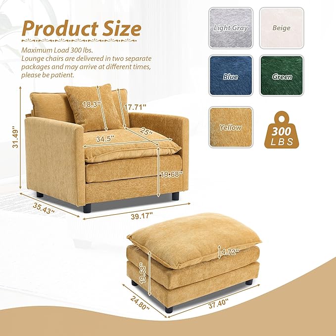 TTK Oversized Chaise Lounge Chair with Ottoman - 39.17 Wide Modern Sleeper Sofa for Living Room Bedroom &amp Office - Deep Seat Sectional Couch with Pillow Comfortable Reading Chair (Yellow 39.17