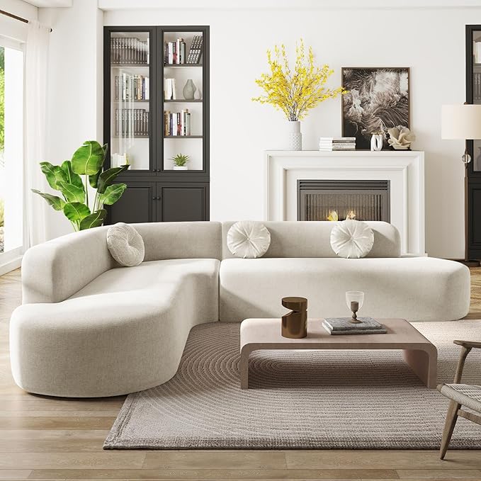 122'' Curved Sectional Cloud Sofa Modern L Shaped Couch with Chaise &amp Pillows Comfy Upholstered Deep Seat Compression Boneless Sofa for Living Room Apatment Office No Assembly Required Beige