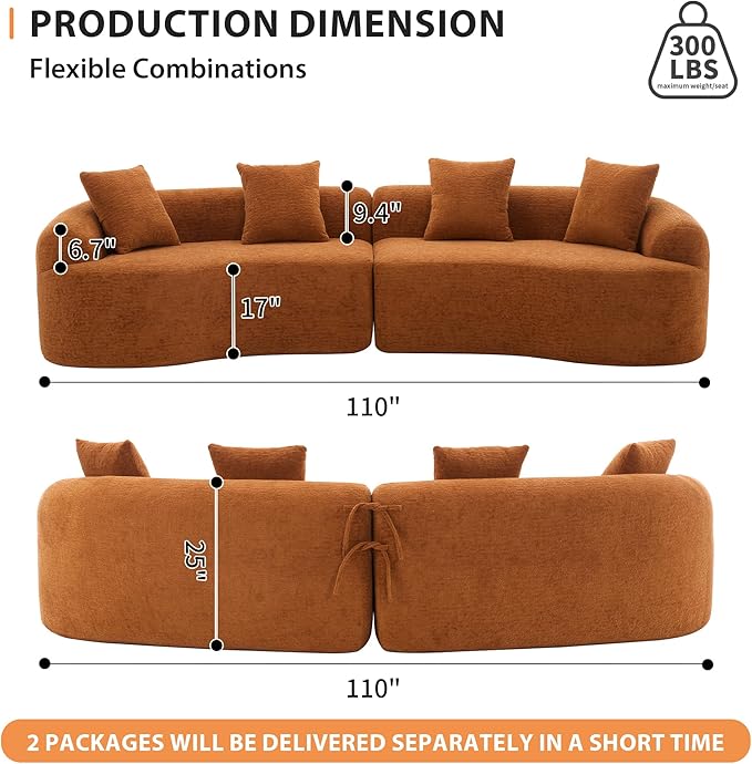 Oversized Sectional Sofa for Living Room 110 Modern Luxury Chenille 4-Seater Extra Deep &amp Wide Seat Curved Cloud Couch with 4 Throw Pillows No Assembly Needed Cream Orange