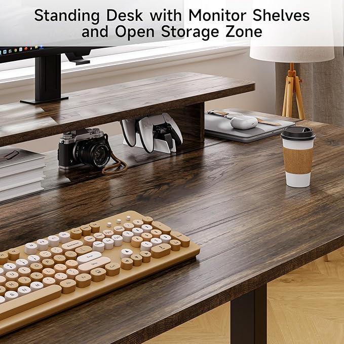 ONBRILL L Shaped Standing Desk with File Cabinet 55x24'' Electric Stand Up Desk with Monitor and Storage Shelf Adjustable Height 28-46'' for Home and Computer Workstation Walnut