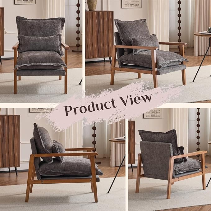 Karl home Midcentury Accent Chair for Living Room Chenille Upholstered Lounge Armchair with Lumbar Pillow Ruffle-Designed Cozy Reading Chair with Wood Legs Gray